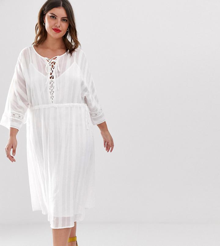 Asos Design Curve Lace Insert Midi Dress With Lace Up Front-white