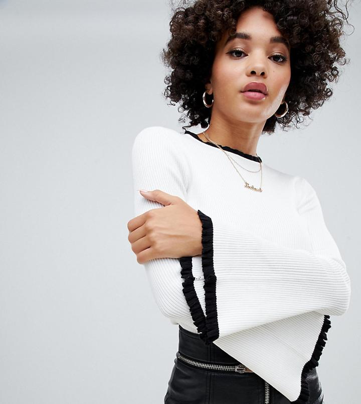 Missguided Contrast Edge Flared Sleeve Sweater - White