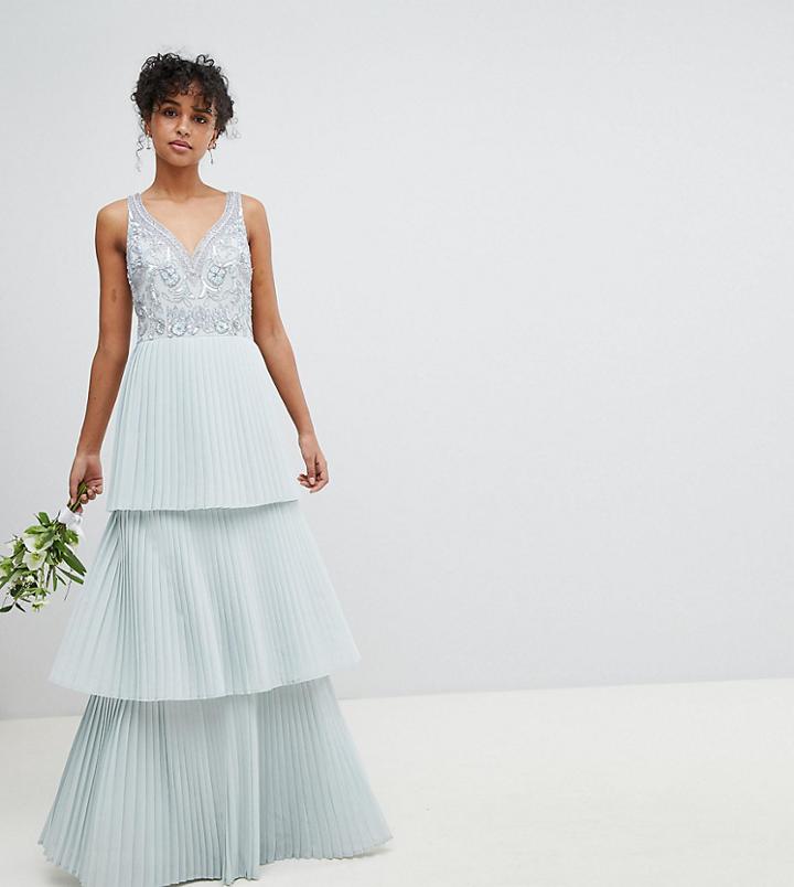 Maya Floral Sequin Top Maxi Bridesmaid Dress With Tiered Ruffle Pleated Skirt - Blue