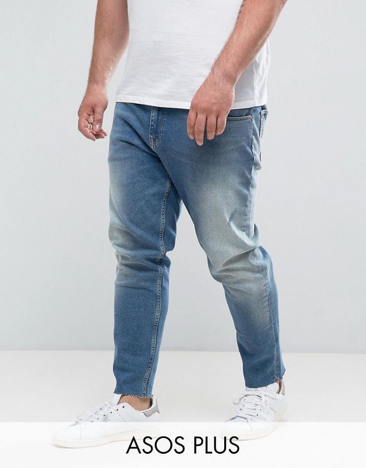 Asos Plus Slim Jeans In Vintage Mid Wash With Abrasions - Blue