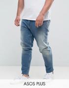 Asos Plus Slim Jeans In Vintage Mid Wash With Abrasions - Blue