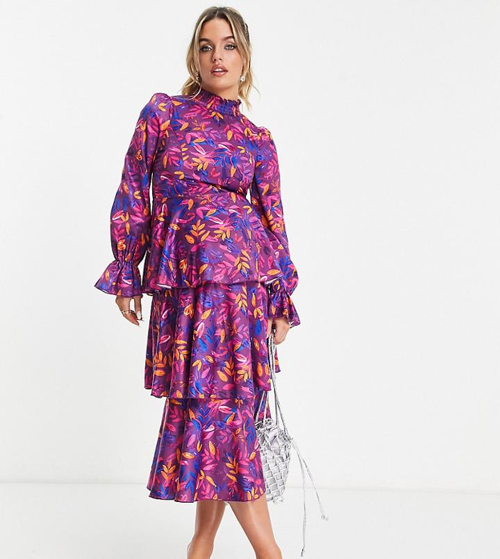 Little Mistress Maternity High Neck Midi Dress With Ruffles In Dark Floral-blue