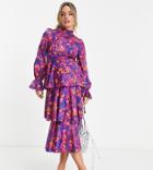 Little Mistress Maternity High Neck Midi Dress With Ruffles In Dark Floral-blue