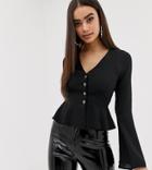 Missguided Button Through Wide Sleeve Peplum Blouse In Black - Black