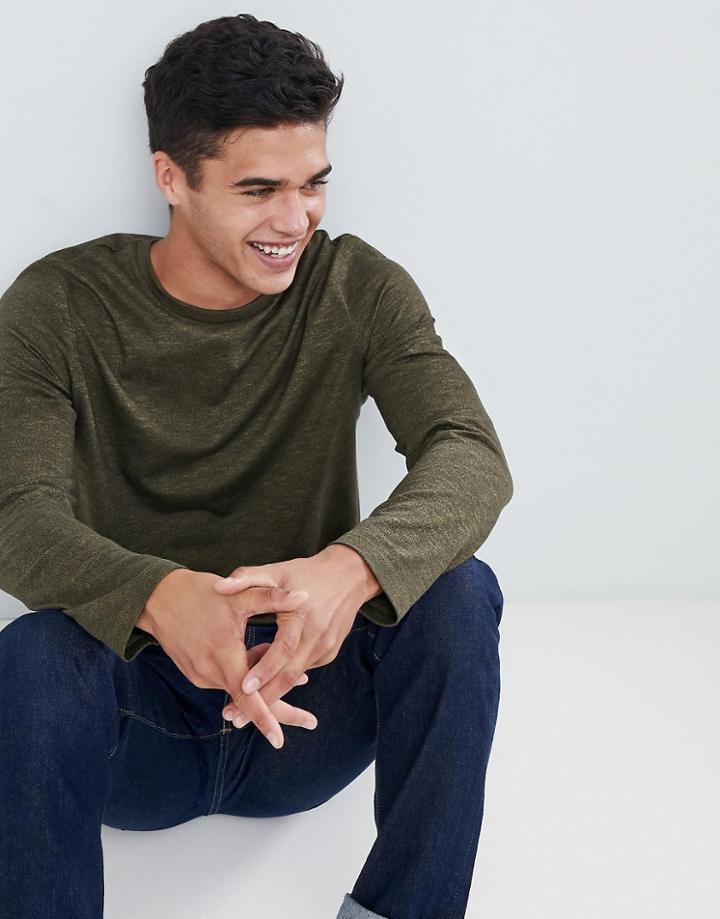 Asos Design Long Sleeve T-shirt In Twisted Jersey Textured Fabric With Curved Hem In Khaki - Green