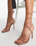 Asos Design Nina Strappy Tie Leg Heeled Sandals In Beige-neutral