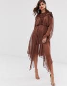 Asos Design Midi Dress With Blouson Sleeve And Lace Bodice - Brown
