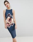 True Violet Frill Waist Printed Pencil Dress - Navy