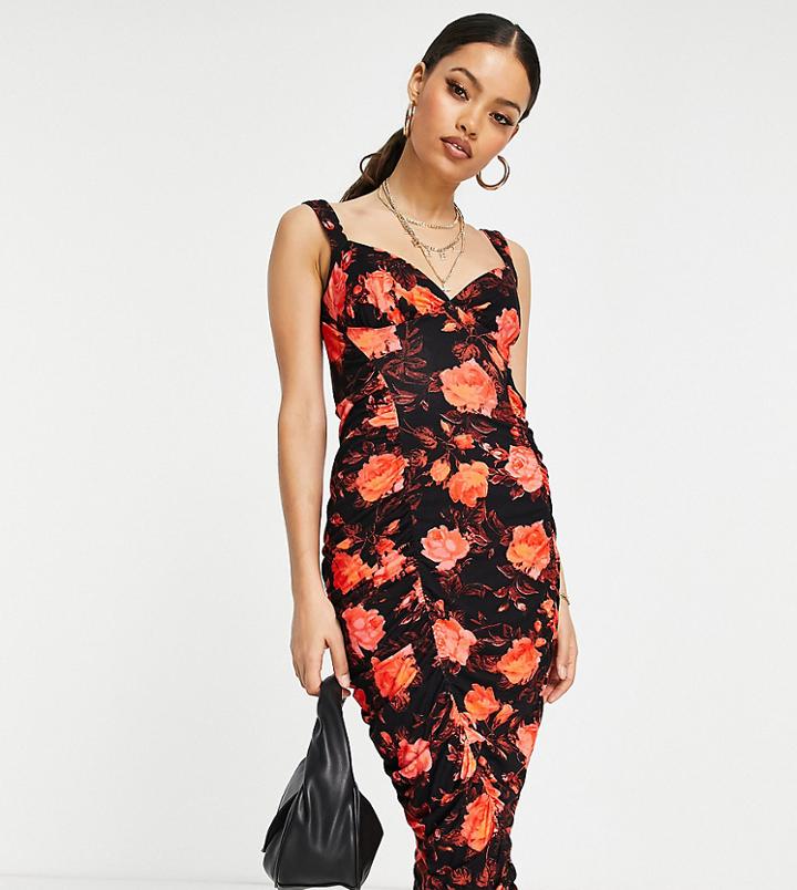 Asos Design Petite Ruched Midi Dress In Red Floral Print-multi