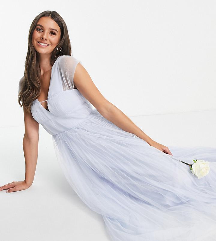 Asos Design Tall Tulle Plunge Maxi Dress With Shirred Sleeves In Powder Blue-blues