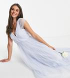 Asos Design Tall Tulle Plunge Maxi Dress With Shirred Sleeves In Powder Blue-blues