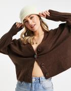 Asos Design Button Through Fluffy Boxy Cardigan In Brown