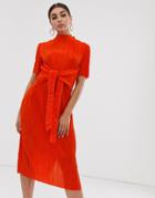 Asos Design Knot Front Plisse Midi Dress-orange