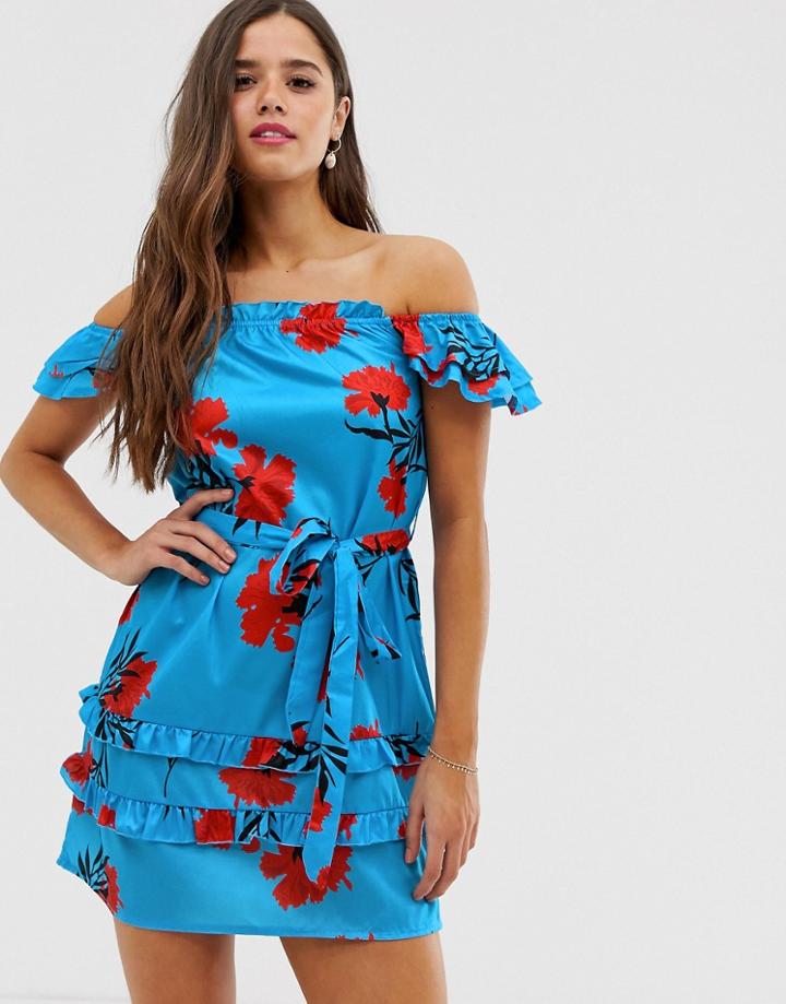 Parisian Off Shoulder Dress With Tie Waist In Bold Floral Print - Blue