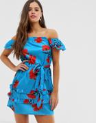 Parisian Off Shoulder Dress With Tie Waist In Bold Floral Print - Blue