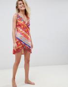 Asos Design Floral Postcard Print Wrap Jersey Beach Cover Up-multi