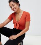 New Look Petite Rib Tie Front Body - Orange