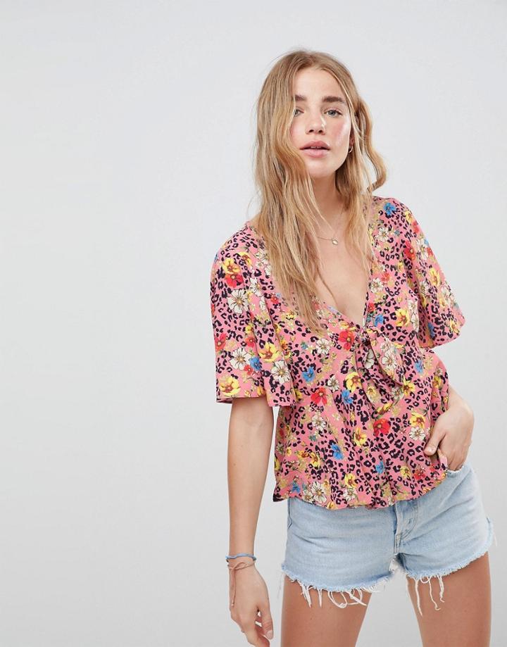 Asos Design Flutter Sleeve Tie Front Top In Animal Floral - Multi