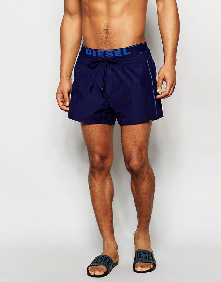 Diesel Logo Waistband Swim Shorts In Shorter Length - Blue