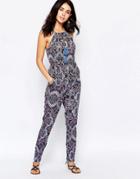 Influence Tassel Tie Front Boho Jumpsuit - Purple Print