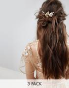 Asos Design Bridal Pack Of 3 Delicate Leaf And Bead Hair Grips - Gold