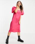 Lola May Puff Sleeve Midi Dress In Hot Pink