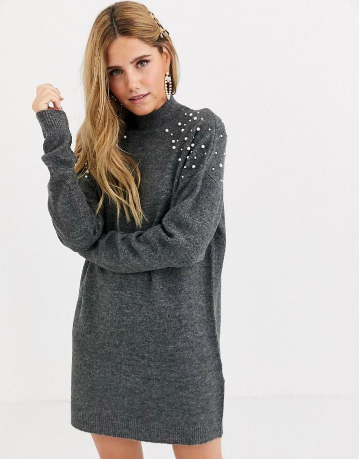 Pieces Longline Knitted Sweater With Pearl Embelishment