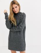 Pieces Longline Knitted Sweater With Pearl Embelishment