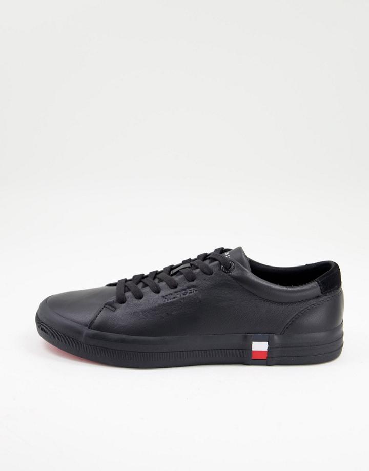 Tommy Hilfiger Premium Vulc Leather Sneakers With Small Side Flag In Black