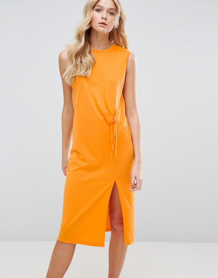 Asos Sleeveless Midi Dress With Raw Edge & Tie Front - Orange