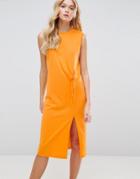Asos Sleeveless Midi Dress With Raw Edge & Tie Front - Orange