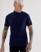 Asos Design Knitted Ribbed Turtleneck T-shirt In Navy Twist - Navy