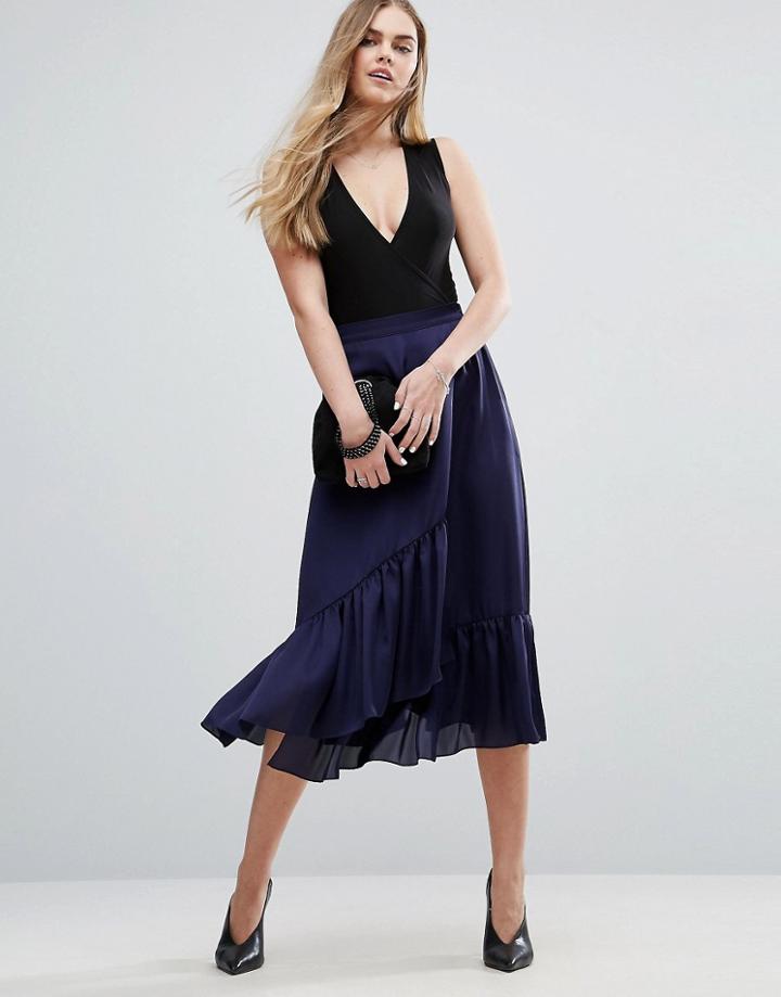 Asos Skirt In Satin With Ruffle Hem - Blue