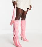 Public Desire Wide Fit Best Believe Knee High Heel Boots In Pink Satin