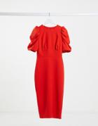 Asos Design Puff Sleeve Midi Dress In Red