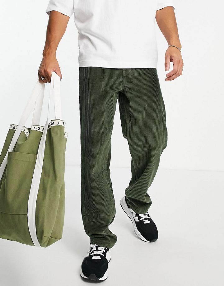Asos Design Corduroy Baggy Jeans In Khaki-green
