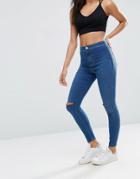Asos Rivington High Waist Denim Jeggings In April Wash With Rips - Blue