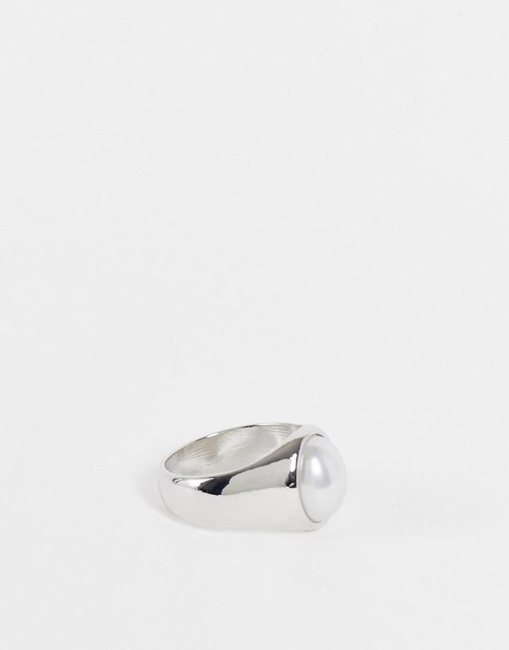 Asos Design Signet Ring With Faux Pearl In Silver Tone