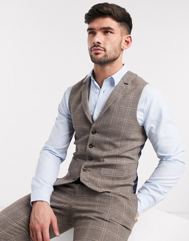 Asos Design Wedding Skinny Suit Suit Vest In Brown Wool Blend Windowpane Check