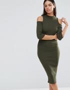 Ax Paris Knitted High Neck Midi Dress With Cold Shoulder - Green