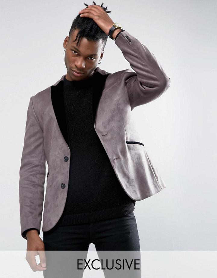 Religion Skinny Blazer In Velvet With Contrast Lapel - Gray