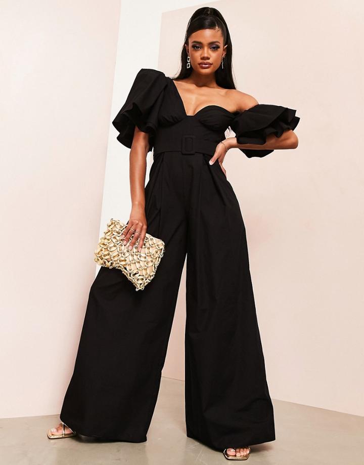 Asos Luxe One Shoulder Belted Poplin Jumpsuit In Black