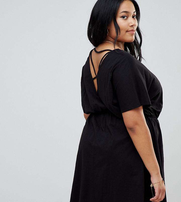 Asos Design Curve Cross Back Smock Dress In Slub - Black