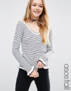 Asos Tall Sweater With Ruffle Hem In Stripe With Off Shoulder V Neck - Multi