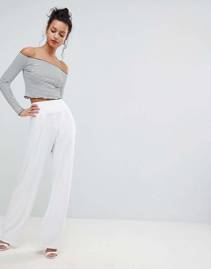 Asos Design Wide Leg Pants With Deep Waistband - White