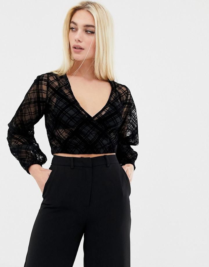 Asos Design Wrap Top In Flocked Check Print-black