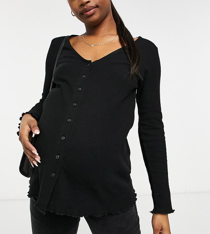 Asos Design Maternity Button Front Top In Waffle In Black