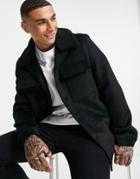Asos Design Wool Mix Jacket In Black With Contrast Shearling Collar