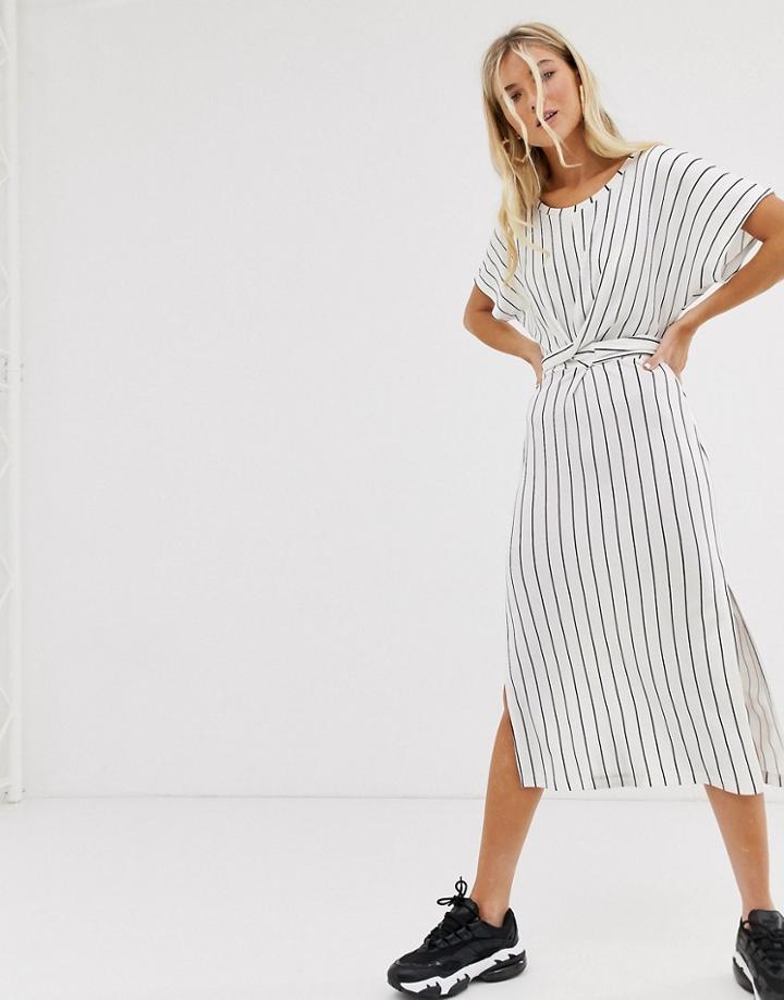 Bershka Midi Dress With Tie Waist In White