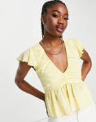 Asos Design Sheer Gingham Top With V-neck & Peplum Hem In Yellow